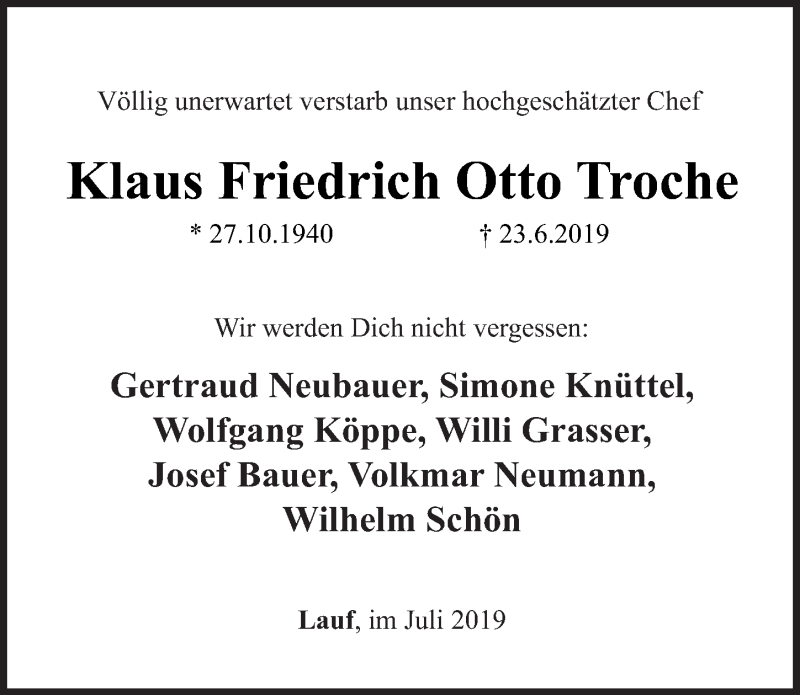  Traueranzeige für Klaus Friedrich Otto Troche vom 06.07.2019 aus Pegnitz-Zeitung