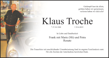 Traueranzeige von Klaus Friedrich Otto Troche von Pegnitz-Zeitung