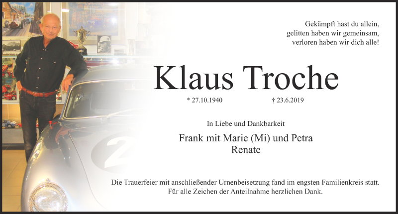  Traueranzeige für Klaus Friedrich Otto Troche vom 06.07.2019 aus Pegnitz-Zeitung