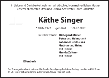 Traueranzeige von Käthe Singer von Hersbrucker Zeitung