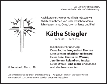 Traueranzeige von Käthe Stiegler von Hersbrucker Zeitung