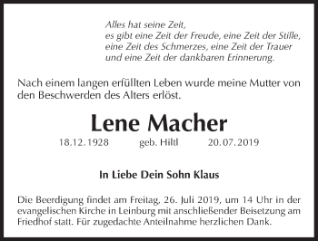 Traueranzeige von Lene Macher von Pegnitz-Zeitung