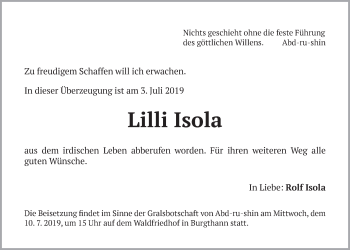 Traueranzeige von Lilli Isola von Der Bote