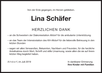 Traueranzeige von Lina Schäfer von Der Bote