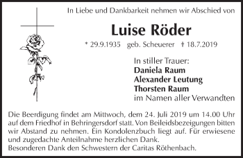 Traueranzeige von Luise Röder von Pegnitz-Zeitung