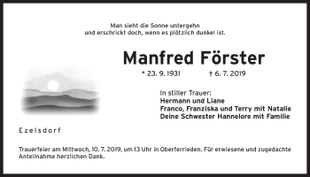 Traueranzeige von Manfred Förster von Der Bote