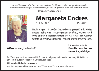 Traueranzeige von Margareta Endres von Hersbrucker Zeitung