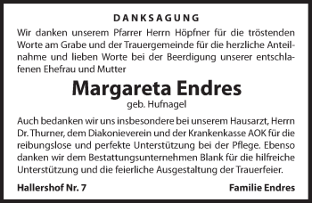 Traueranzeige von Margareta Endres von Hersbrucker Zeitung