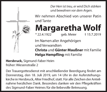 Traueranzeige von Margaretha Wolf von Hersbrucker Zeitung