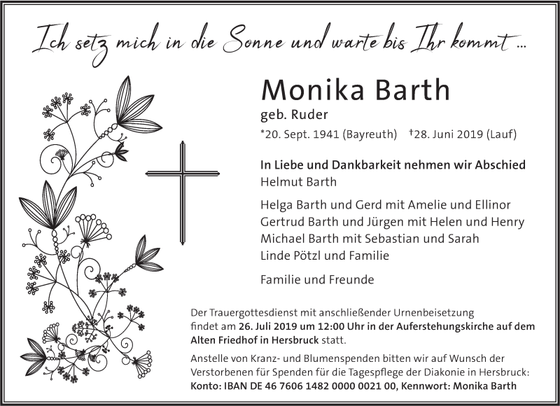  Traueranzeige für Monika Barth vom 13.07.2019 aus Hersbrucker Zeitung