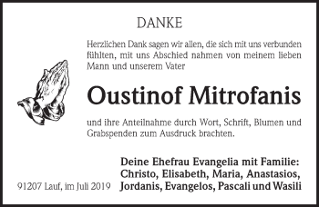 Traueranzeige von Oustinof Mitrofanis von Pegnitz-Zeitung