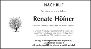 Traueranzeige von Renate Höfner von Pegnitz-Zeitung