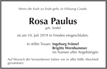 Traueranzeige von Rosa Paulus von Pegnitz-Zeitung