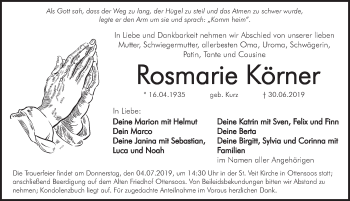 Traueranzeige von Rosmarie Körner von Pegnitz-Zeitung