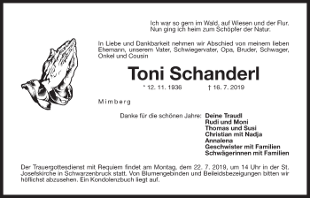 Traueranzeige von Toni Schanderl von Der Bote