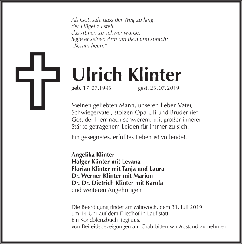  Traueranzeige für Ulrich Klinter vom 27.07.2019 aus Pegnitz-Zeitung