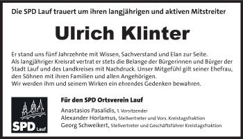 Traueranzeige von Ulrich Klinter von Pegnitz-Zeitung