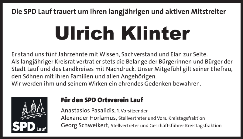  Traueranzeige für Ulrich Klinter vom 29.07.2019 aus Pegnitz-Zeitung