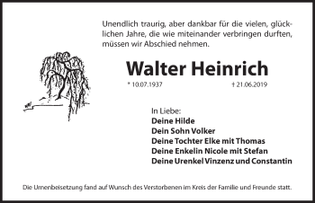 Traueranzeige von Walter Heinrich von Hersbrucker Zeitung
