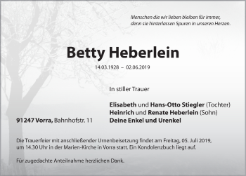 Traueranzeige von betty Herberlein von Hersbrucker Zeitung