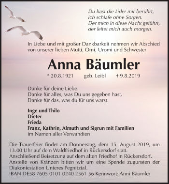 Traueranzeige von Anna Bäumler von Pegnitz-Zeitung