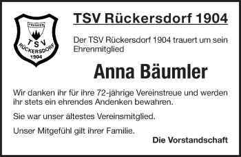 Traueranzeige von Anna Bäumler von Pegnitz-Zeitung