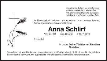 Traueranzeige von Anna Schlirf von Der Bote