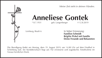 Traueranzeige von Anneliese Gontek von Pegnitz-Zeitung
