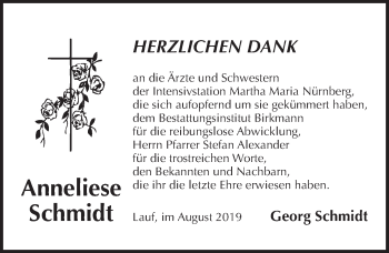 Traueranzeige von Anneliese Schmidt von Pegnitz-Zeitung
