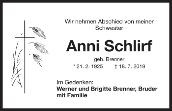 Traueranzeige von Anni Schlirf von Der Bote