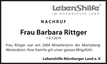 Traueranzeige von Barbara Rittger von Hersbrucker Zeitung