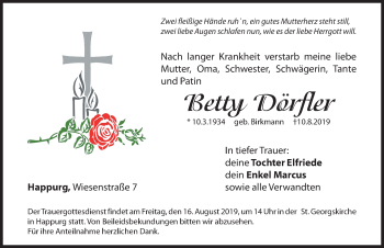 Traueranzeige von Betty Dörfler von Hersbrucker Zeitung