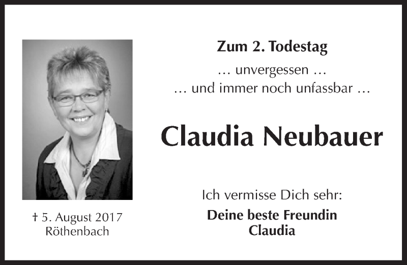  Traueranzeige für Claudia Neubauer vom 03.08.2019 aus Pegnitz-Zeitung