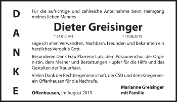 Traueranzeige von Dieter Greisinger von Hersbrucker Zeitung