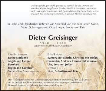 Traueranzeige von Dieter Greisinger von Hersbrucker Zeitung