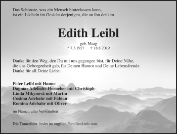 Traueranzeige von Edith Leibl von Pegnitz-Zeitung