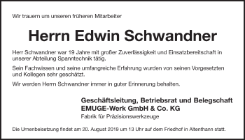 Traueranzeige von Edwin Schwandner von Pegnitz-Zeitung