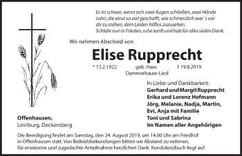 Traueranzeige von Elise Rupprecht von Hersbrucker Zeitung
