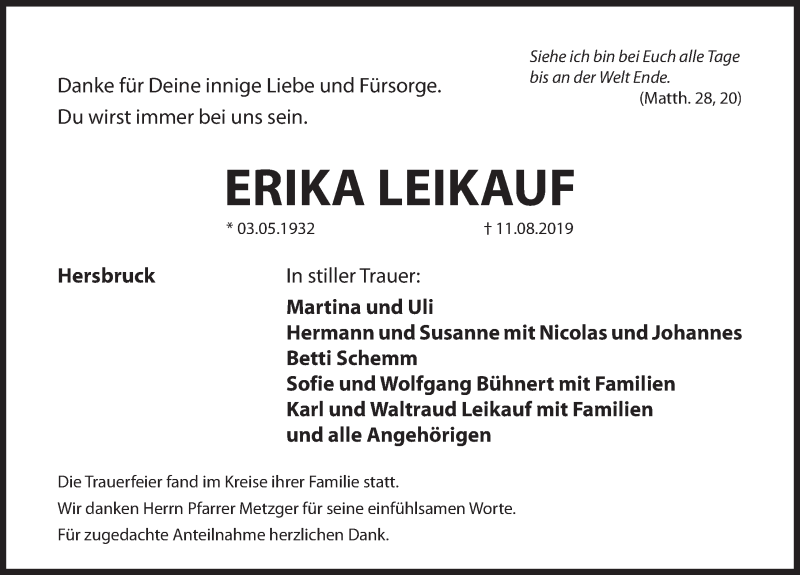  Traueranzeige für Erika Leikauf vom 17.08.2019 aus Hersbrucker Zeitung