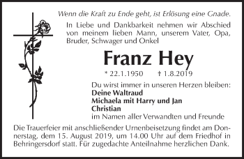 Traueranzeige von Franz Hey von Pegnitz-Zeitung