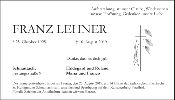 Traueranzeige von Franz Lehner von Pegnitz-Zeitung