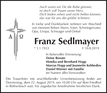 Traueranzeige von Franz Sedlmayer von Pegnitz-Zeitung