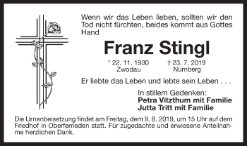 Traueranzeige von Franz Stingl von Der Bote