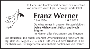 Traueranzeige von Franz Werner von Pegnitz-Zeitung