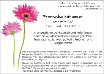 Traueranzeige von Franziska Zimmerer von Der Bote