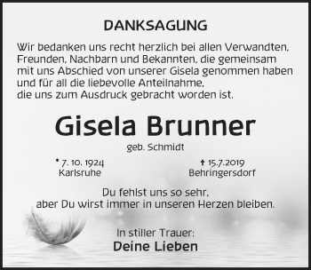 Traueranzeige von Gisela Brunner von Pegnitz-Zeitung