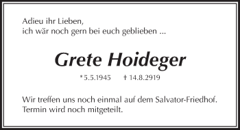 Traueranzeige von Grete Hoideger von Pegnitz-Zeitung