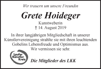Traueranzeige von Grete Hoideger von Pegnitz-Zeitung