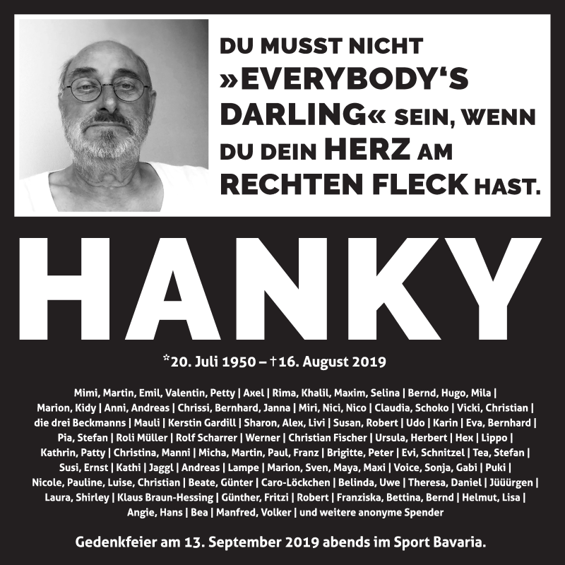  Traueranzeige für Hanky  vom 24.08.2019 aus Der Bote