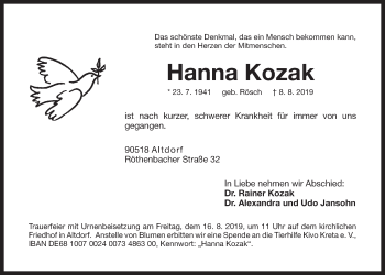 Traueranzeige von Hanna Kozak von Der Bote
